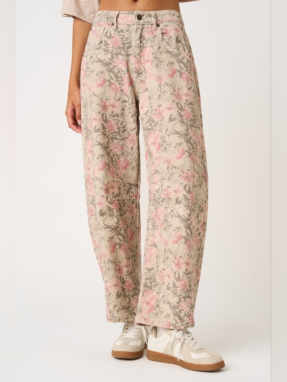 POL M Pink Floral High Rise Barrel Wide Leg Jeans 100% Cotton Boho Cottagecore